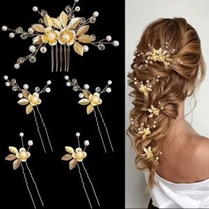 Elegant Gold Floral Hair Accessories, 5 piece